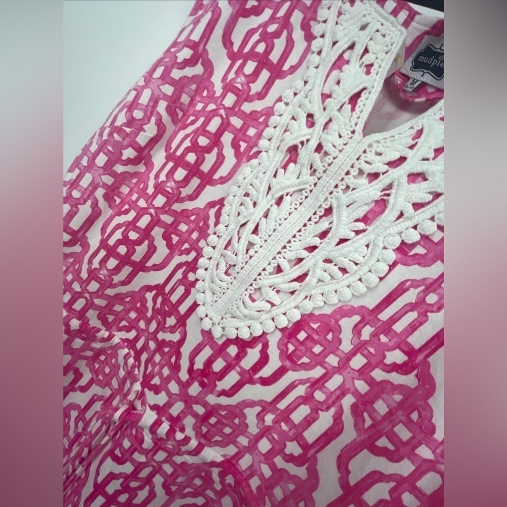 Mud Pie Boutique Sz M Pink White “Millie” Lattice Dress French Terry Lined - Picture 7 of 8
